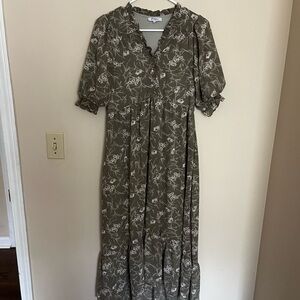 Polagram Olive Green Floral Maxi Dress